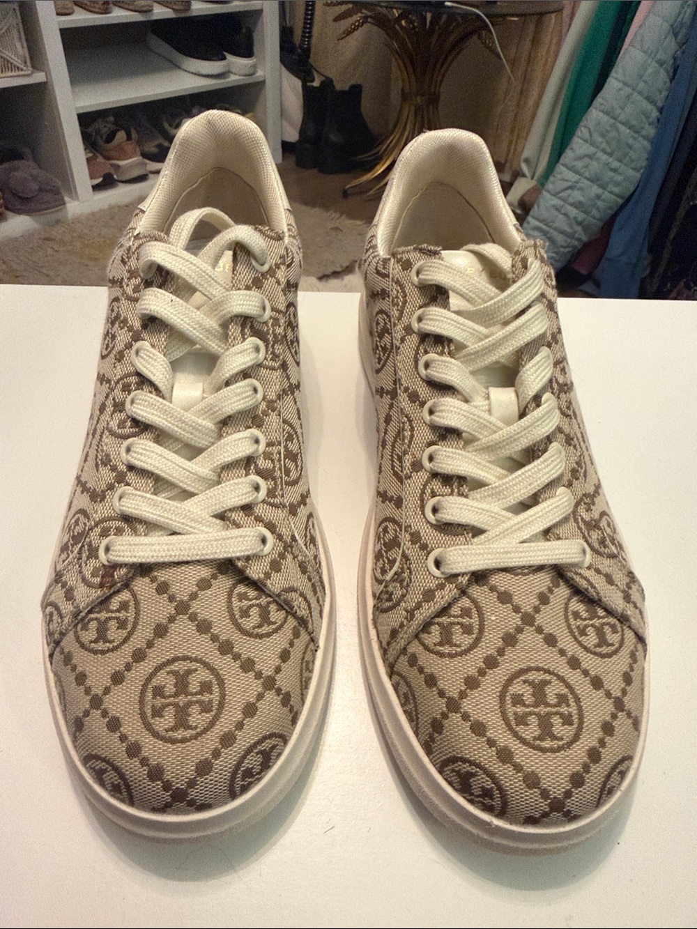 Tory Burch Hazel T Monogram  and Cream Logo Canvas Sneakers